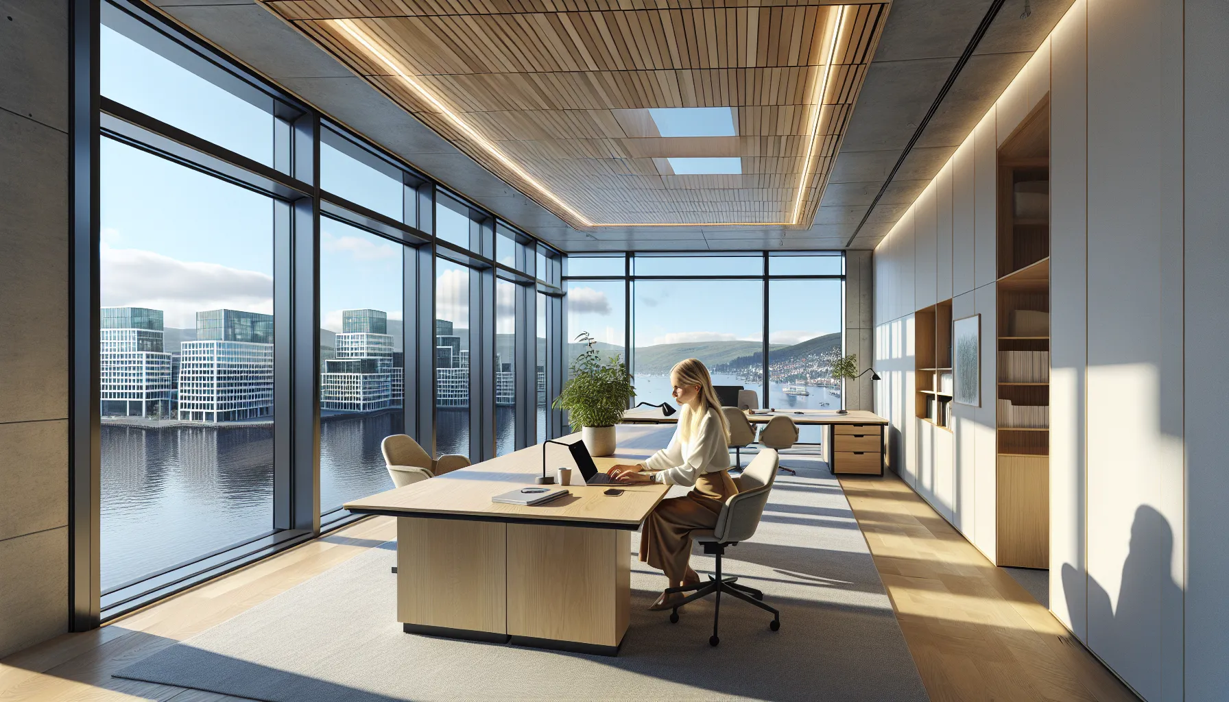 Worker in sunlit oslo office with selective glass and external shading.