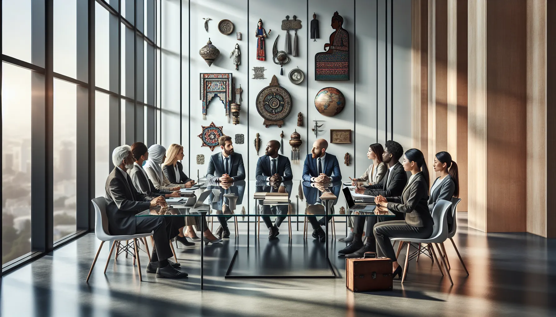 diverse team discussing cultural significance in a modern office setting.