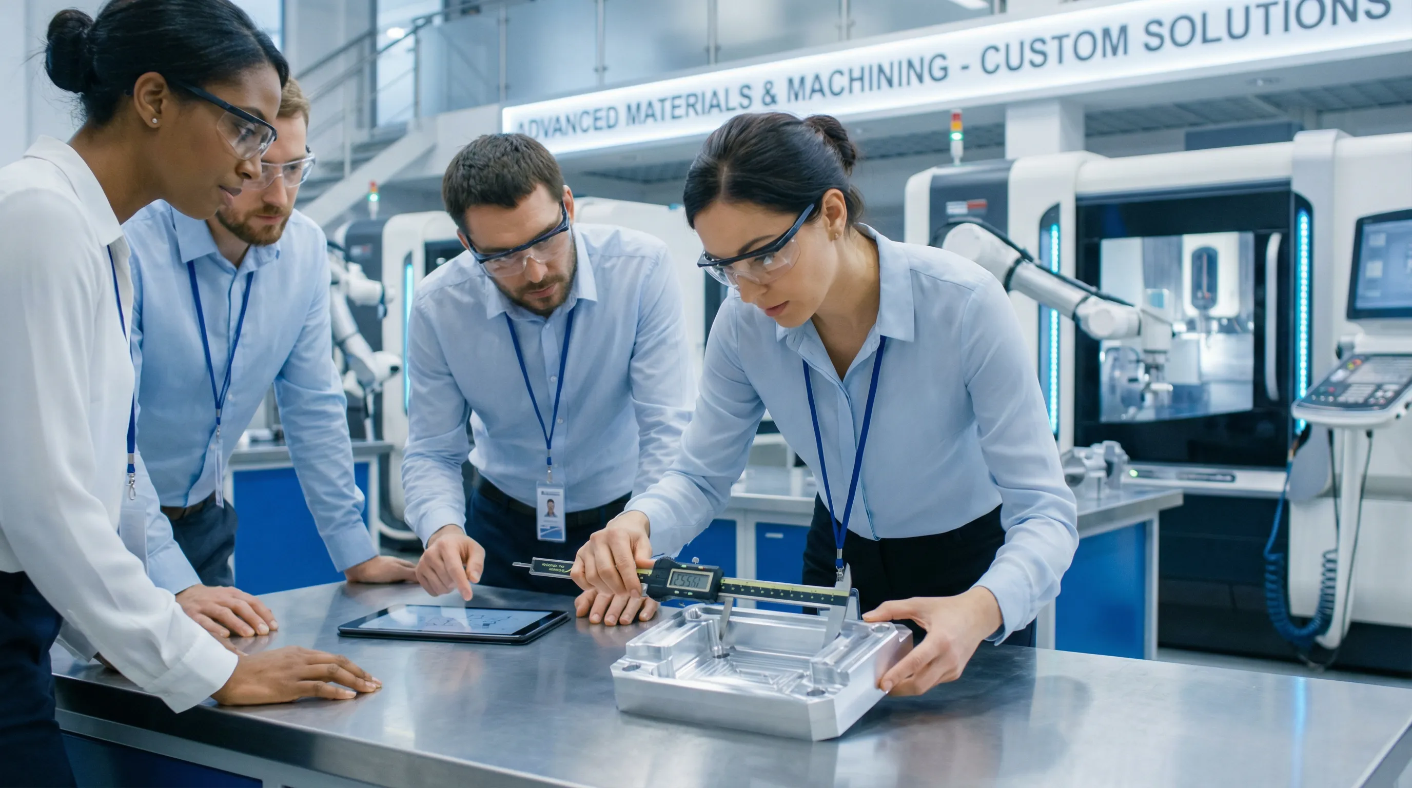 Engineers inspecting a precision-machined aluminum part in a modern workspace.