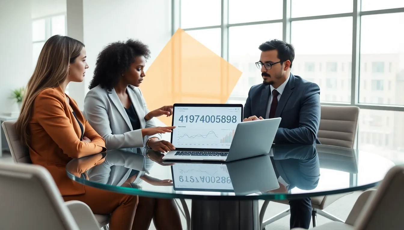 diverse professionals discussing a data dashboard in a modern office.