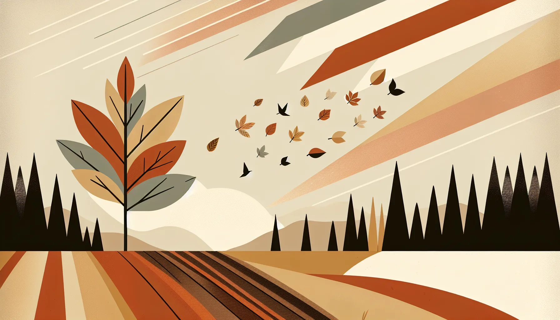 Minimalist autumn tree with falling leaves in a simple landscape composition.