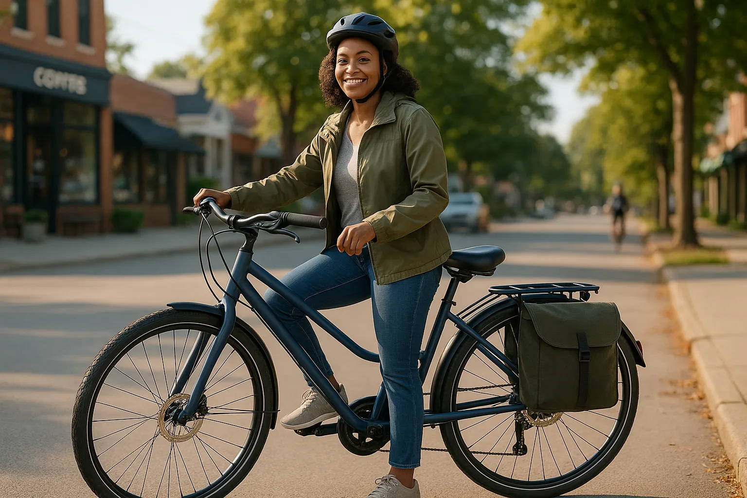 A smiling commuter with a sturdy beginner bike on a tree-lined American street.