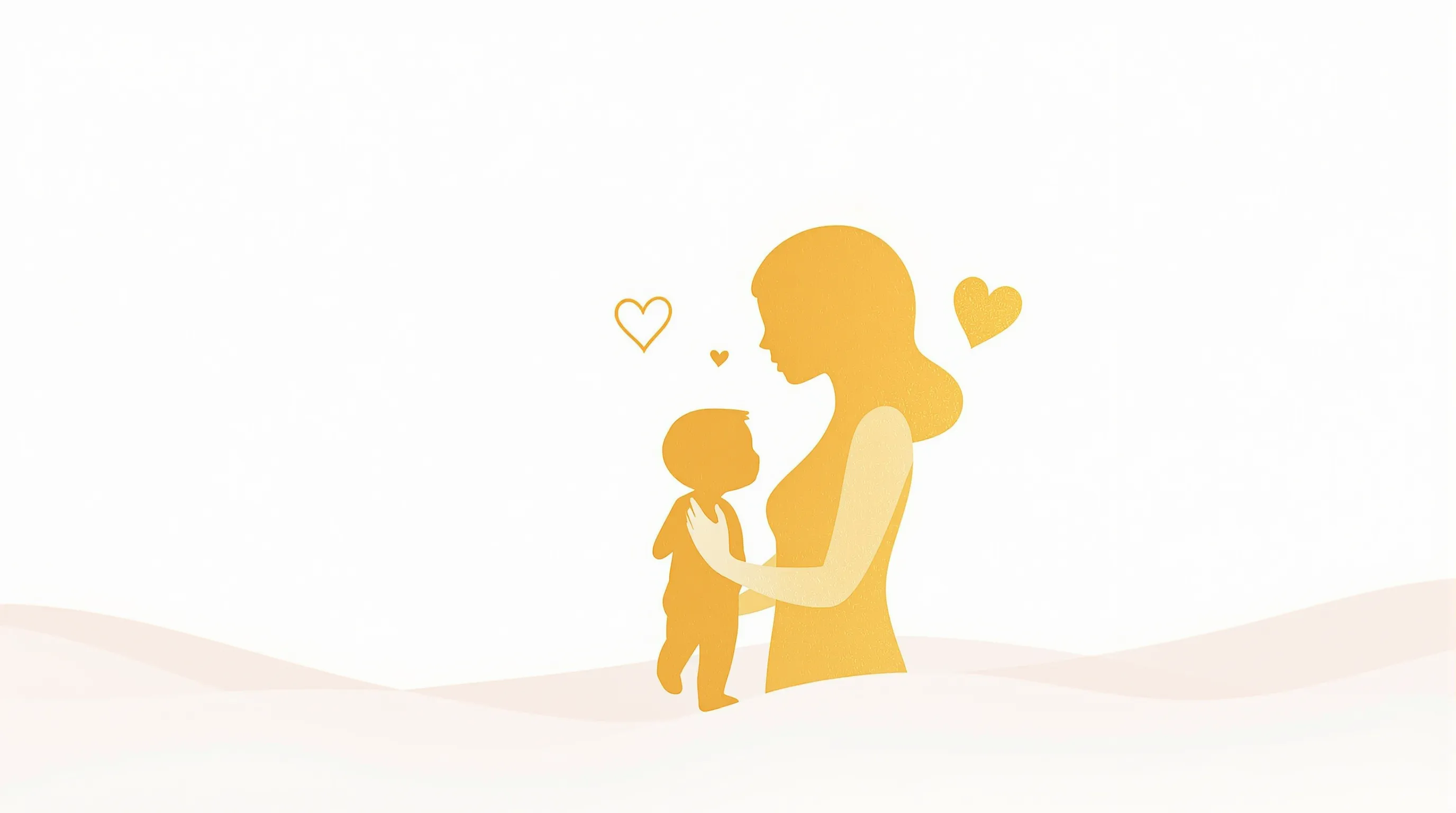 Minimal silhouette of mother and child embracing on clean white background.