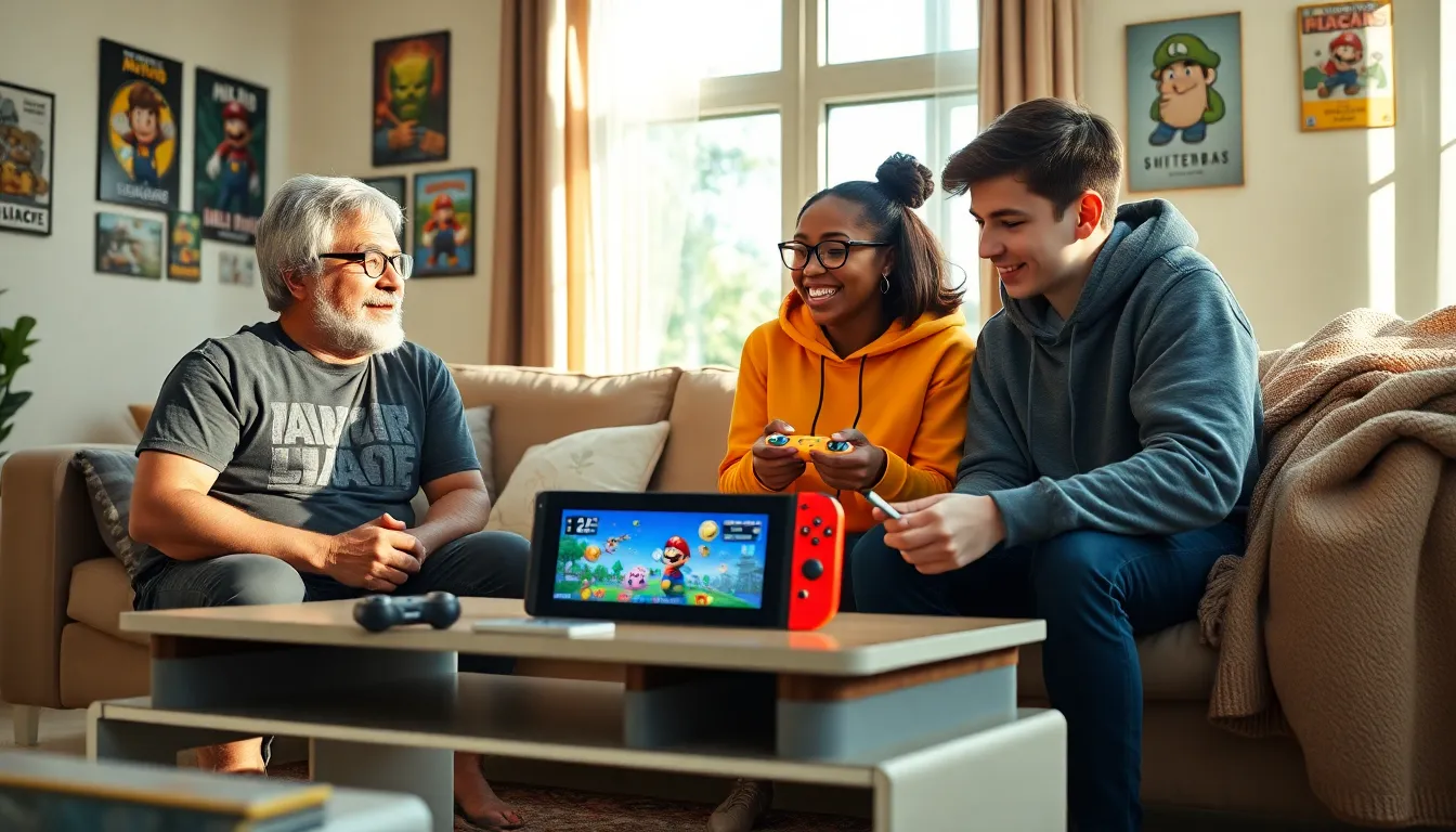 three gamers enjoying a Nintendo Switch session in a cozy living room.