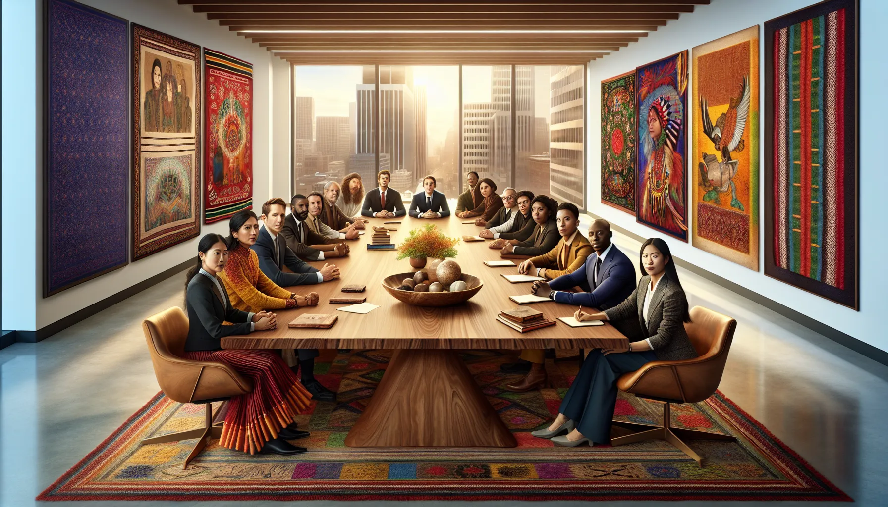 diverse professionals discussing cultural concepts in a modern office.