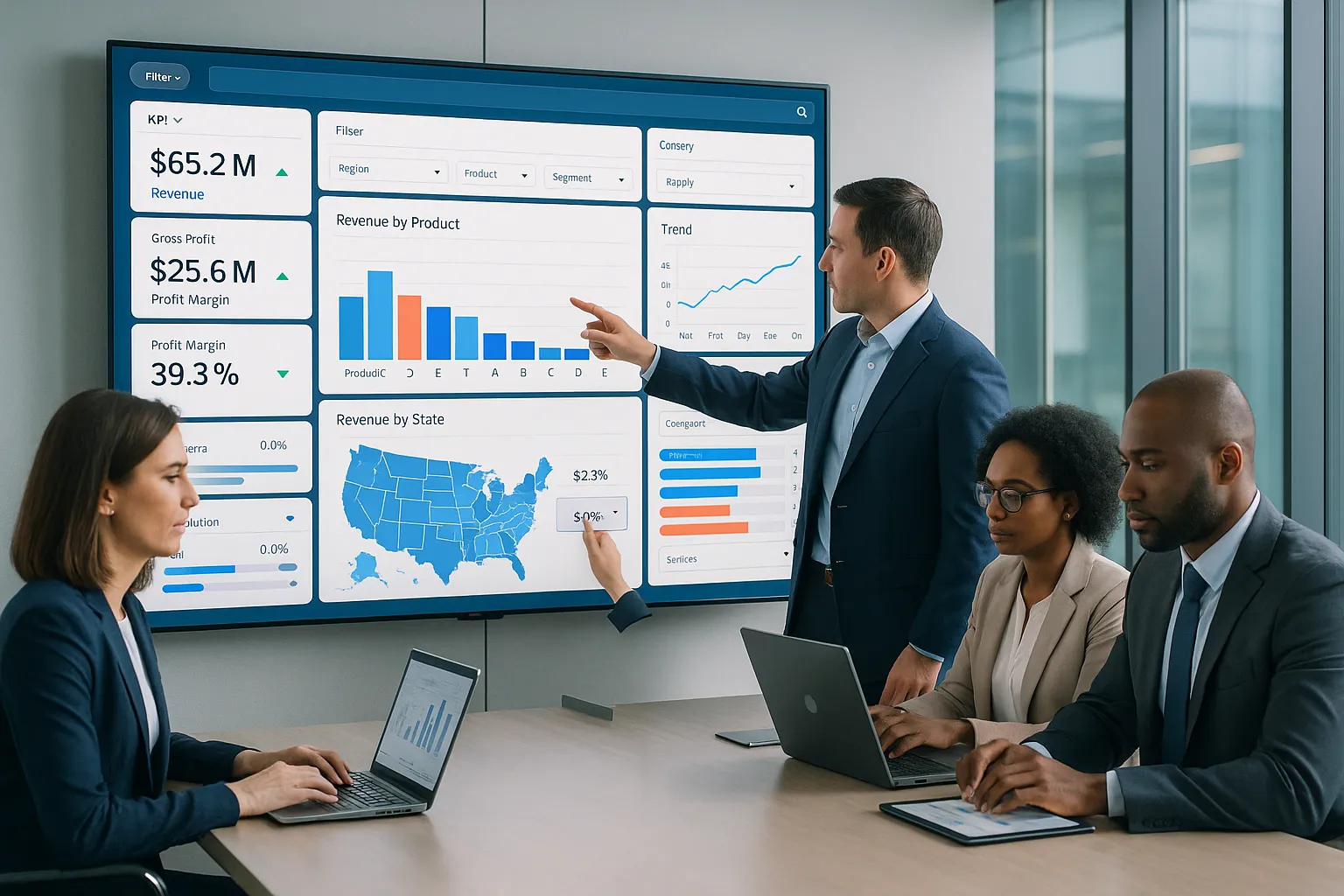 Team reviewing interactive dashboard in a modern office.