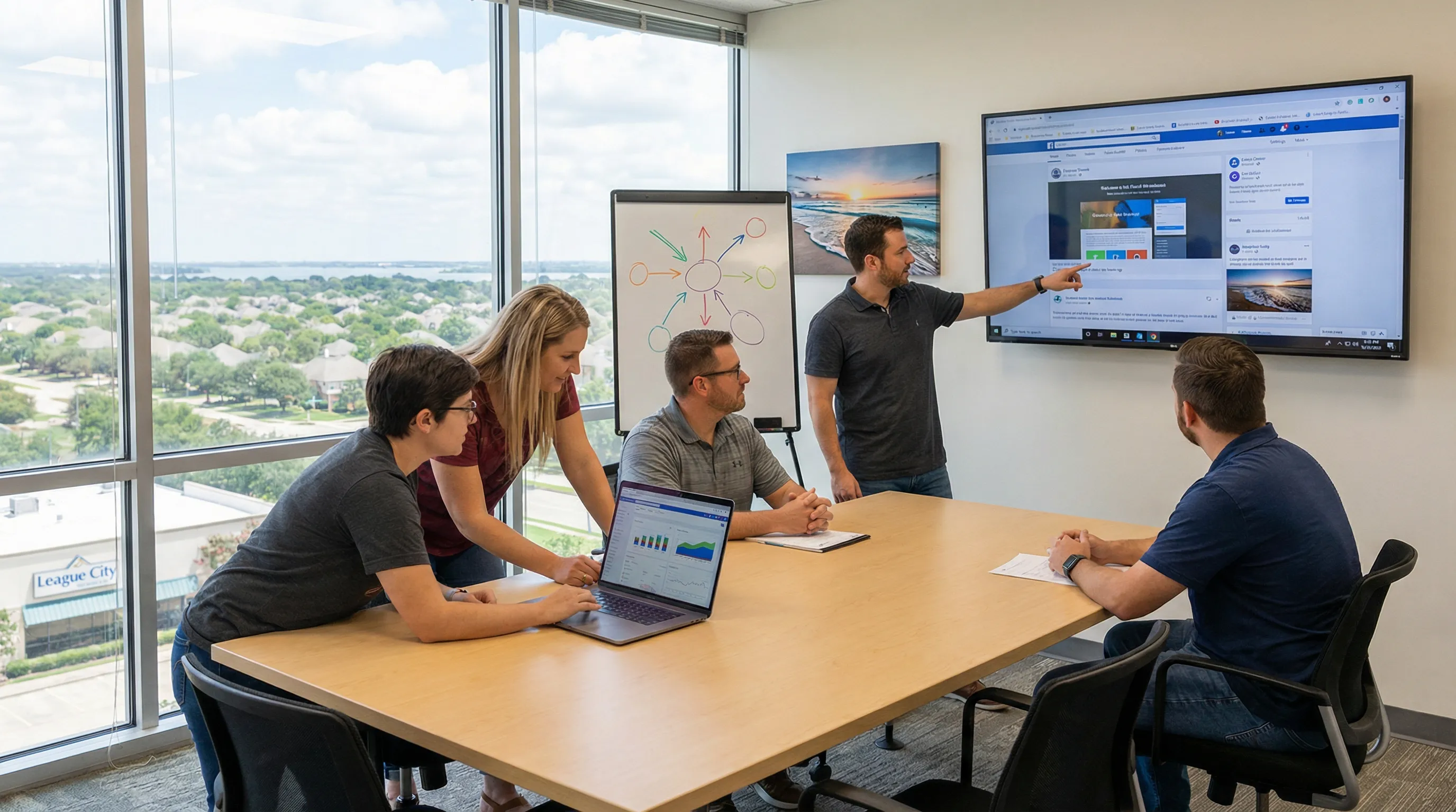 Digital marketing team in a modern, naturally lit office in a Gulf Coast suburban city, collaborating around a table with laptops, analytics charts, and a wall screen showing website and social media mockups, conveying local, results-driven marketing services.