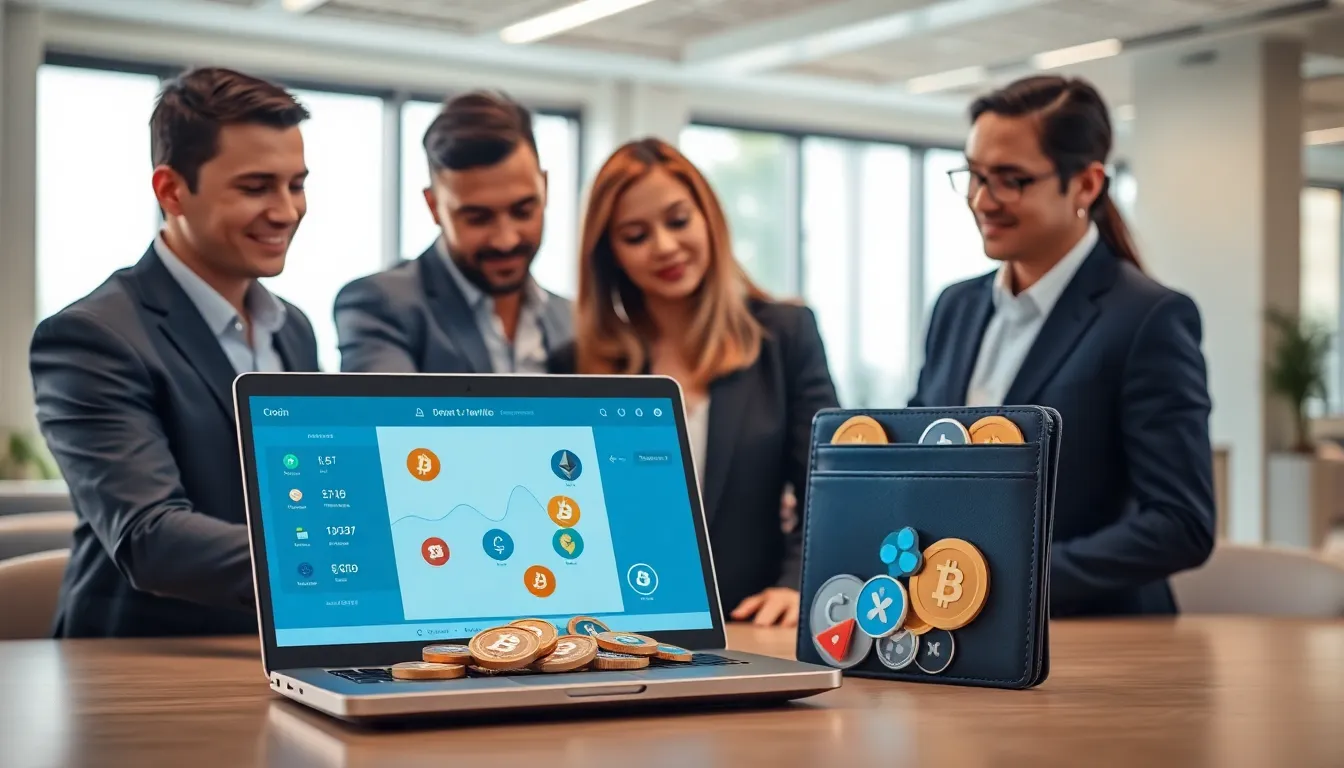 professionals discussing altcoin wallets in a modern office.