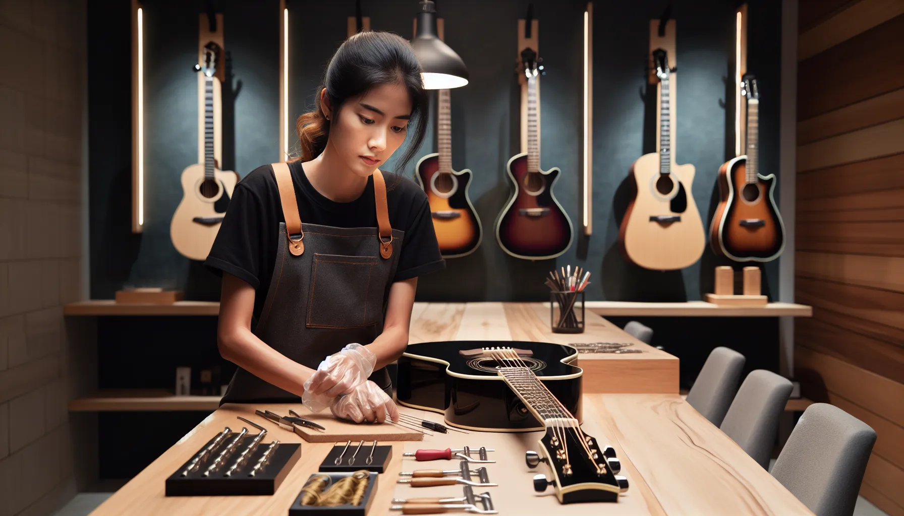 Technician restrings a guitar in a modern music workshop.