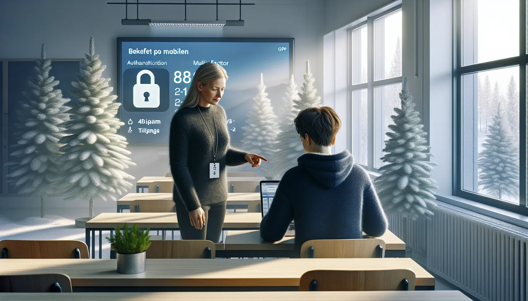 Hvordan undervise om digital sikkerhet 2 Teacher guides student through mfa login in a norwegian classroom.