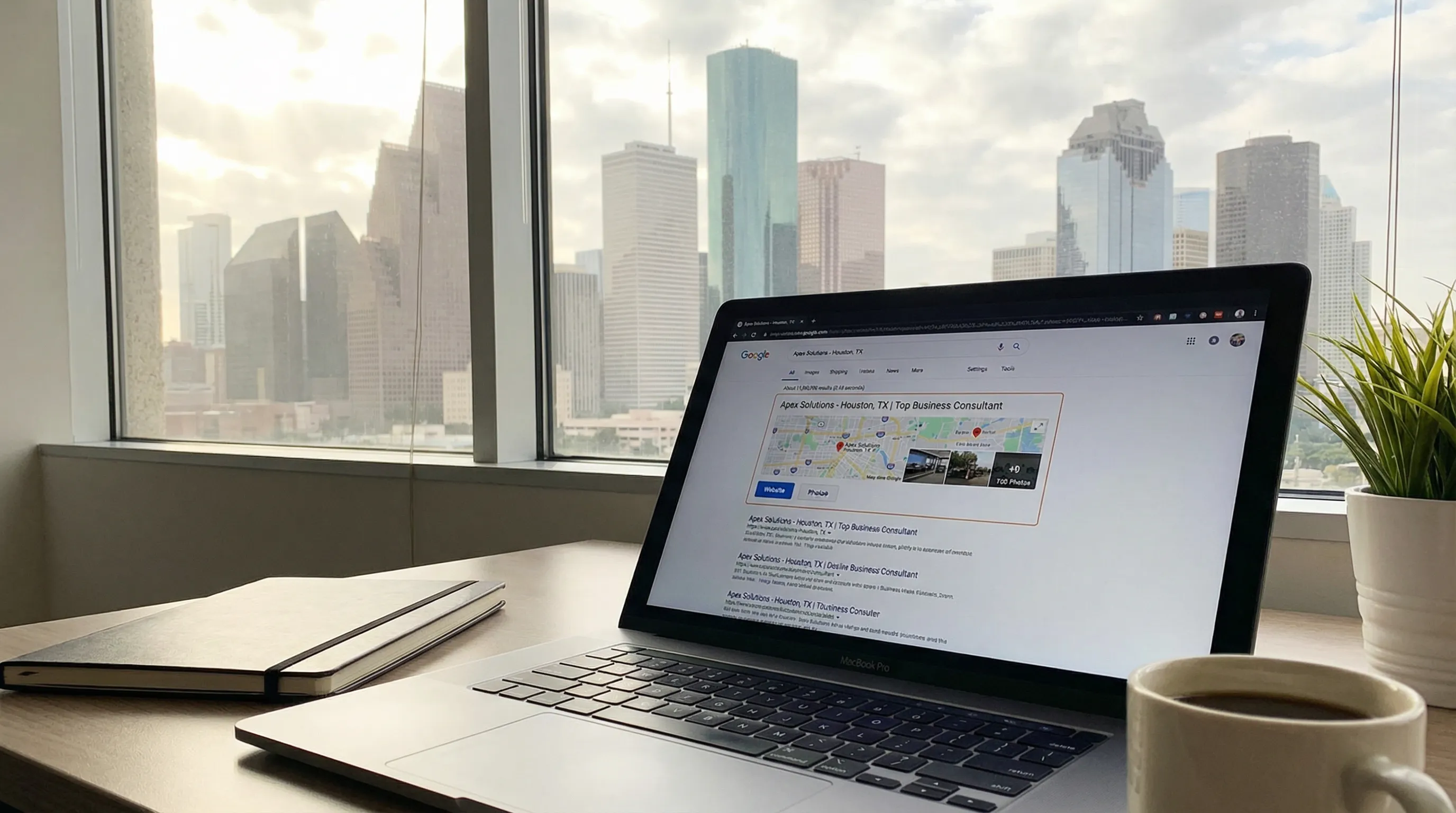 Top-position local search result for a Houston business shown on a laptop in a modern office with the Houston skyline visible through the window.