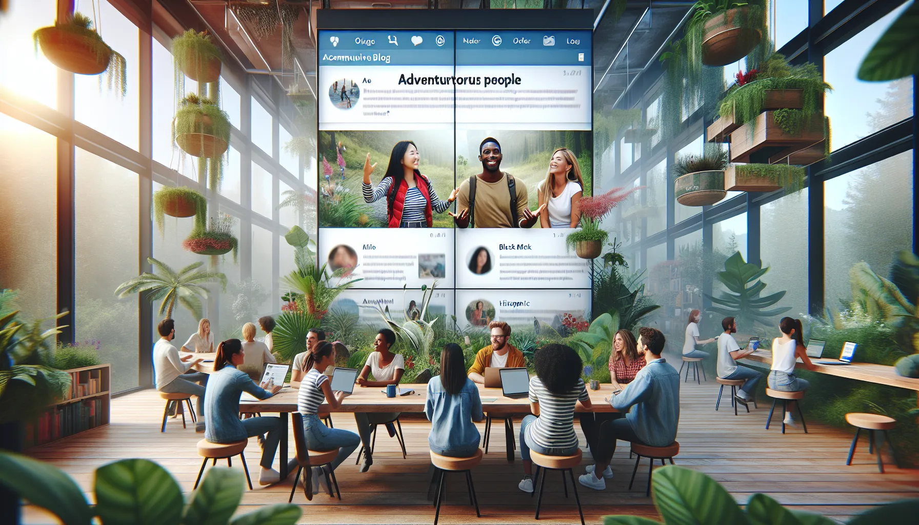 diverse adventurers engaging in discussion on a modern blog platform.