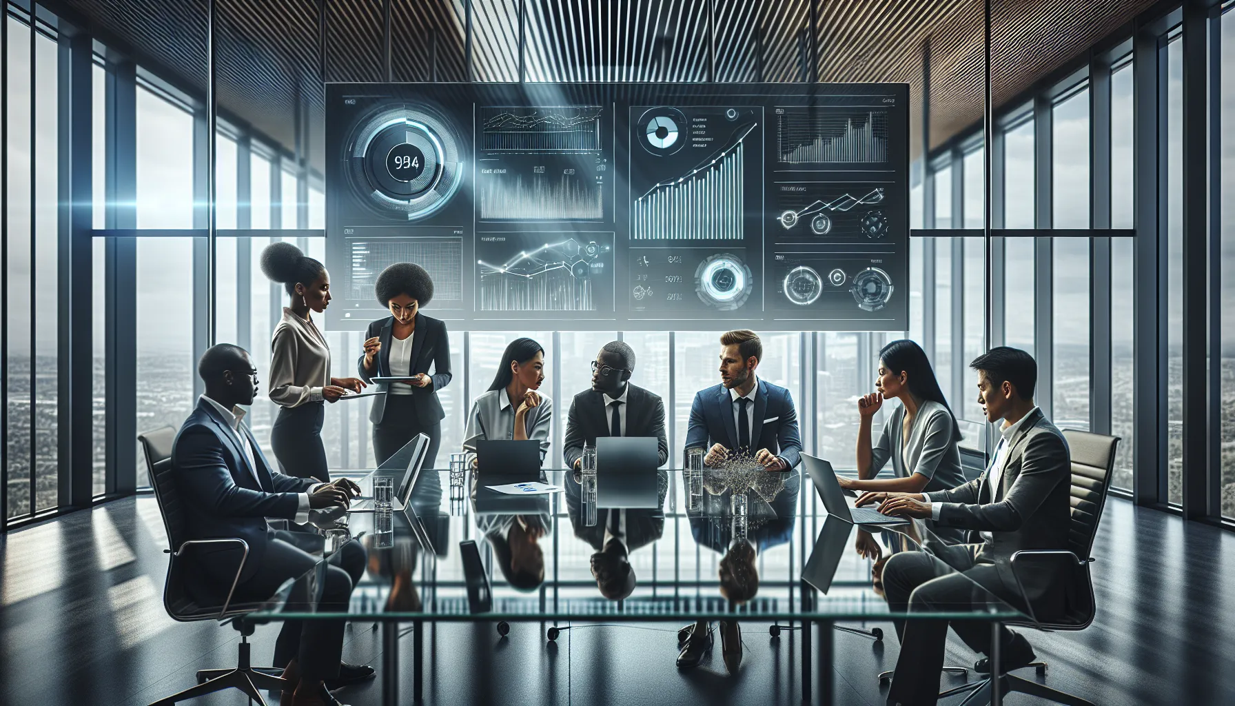 diverse team collaborating on data analytics in a modern office.