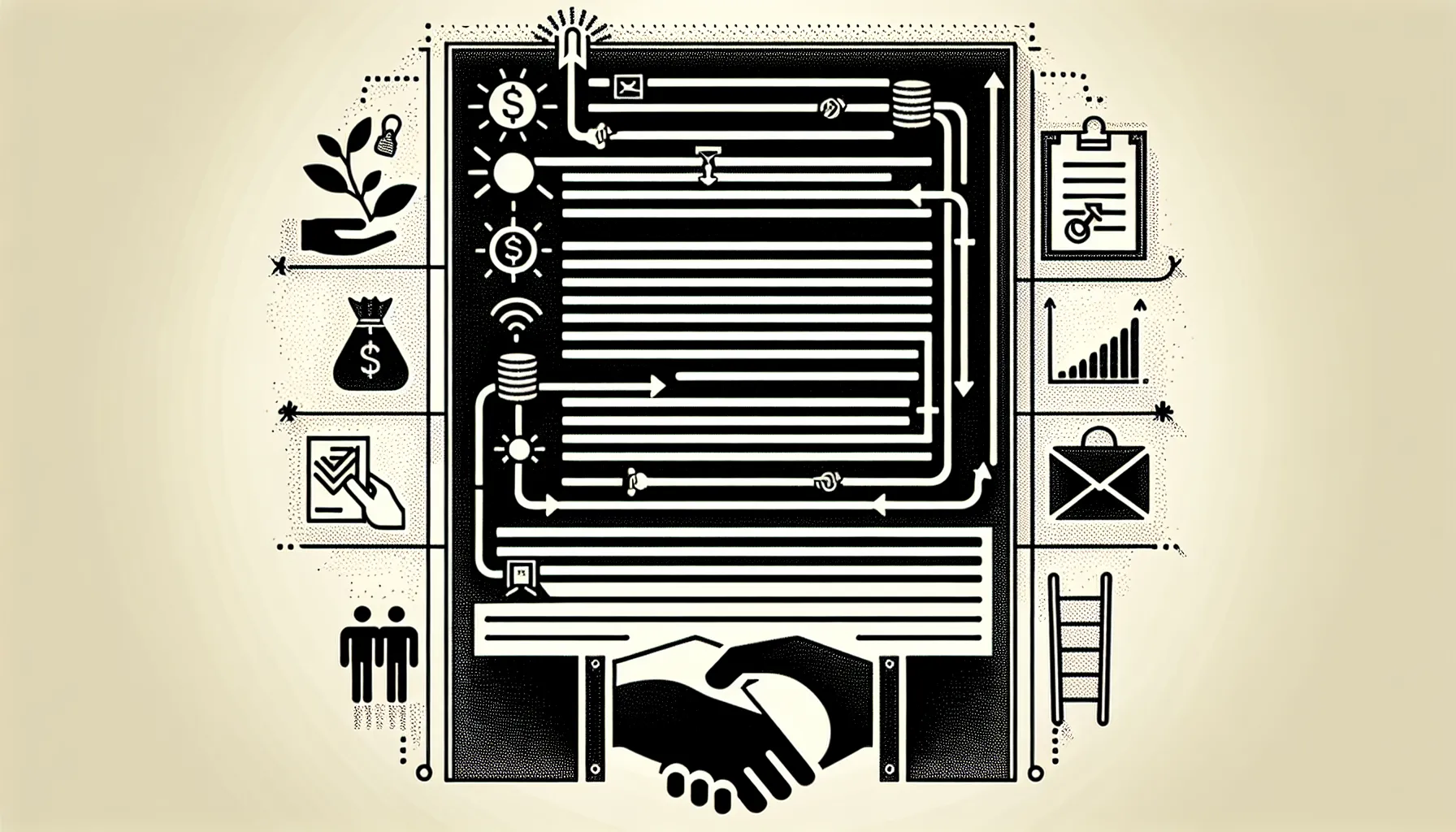 Line art of a vague contract with handshake and icons for buy‑in, partnership, option.
