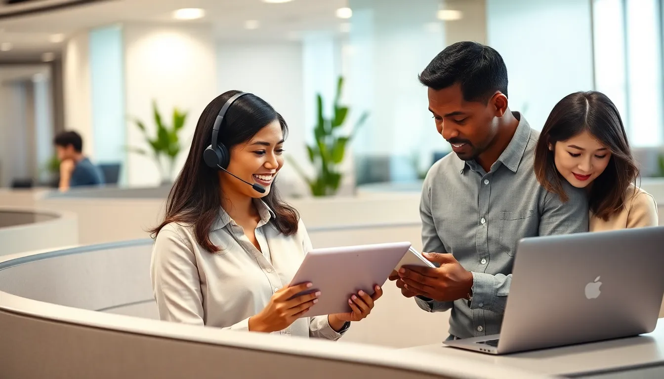 diverse professionals collaborating in a modern call center.