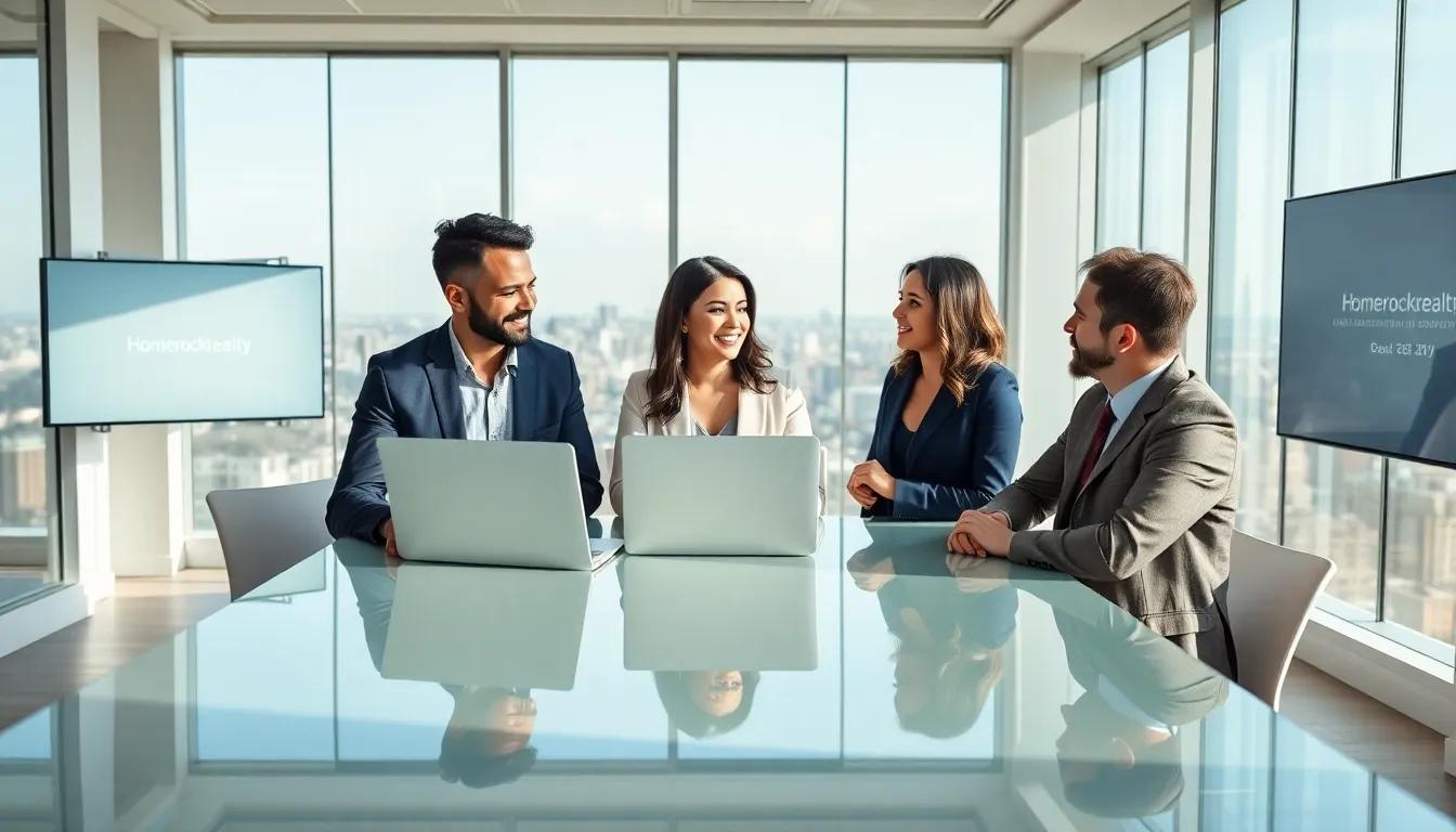 diverse real estate agents discussing email branding in a modern office.