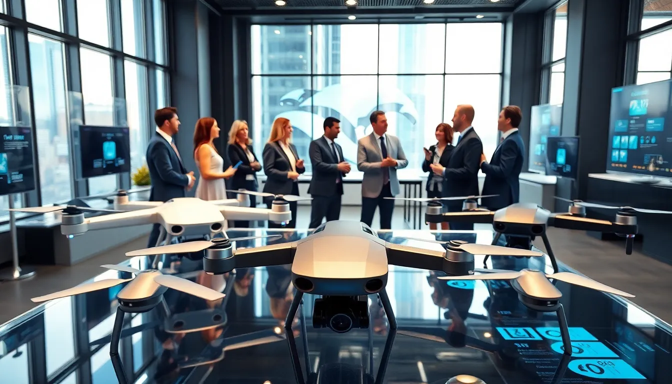 display of expensive drones in a modern exhibition setting.