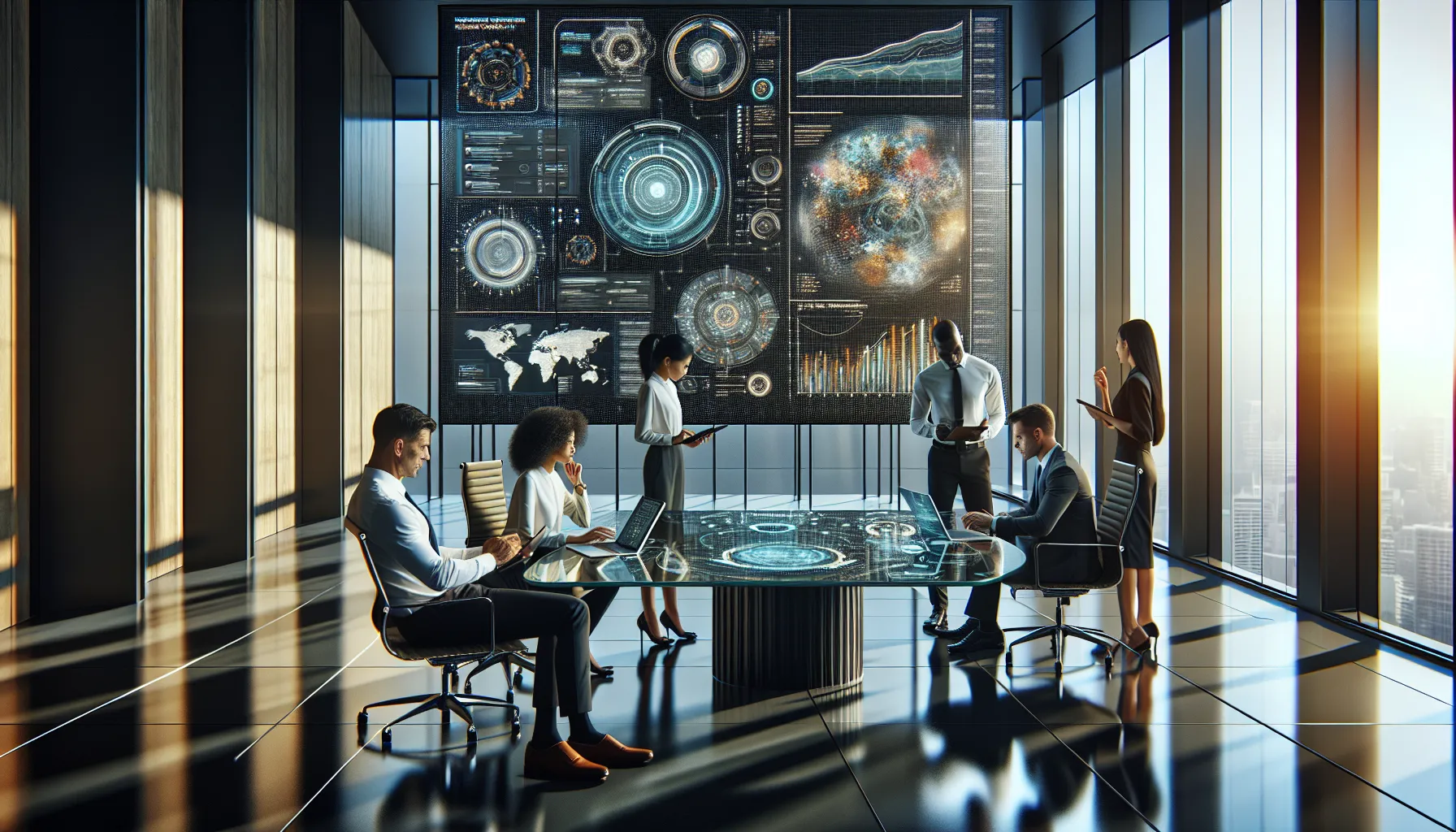diverse team discussing bal1l2 technology in a modern office.