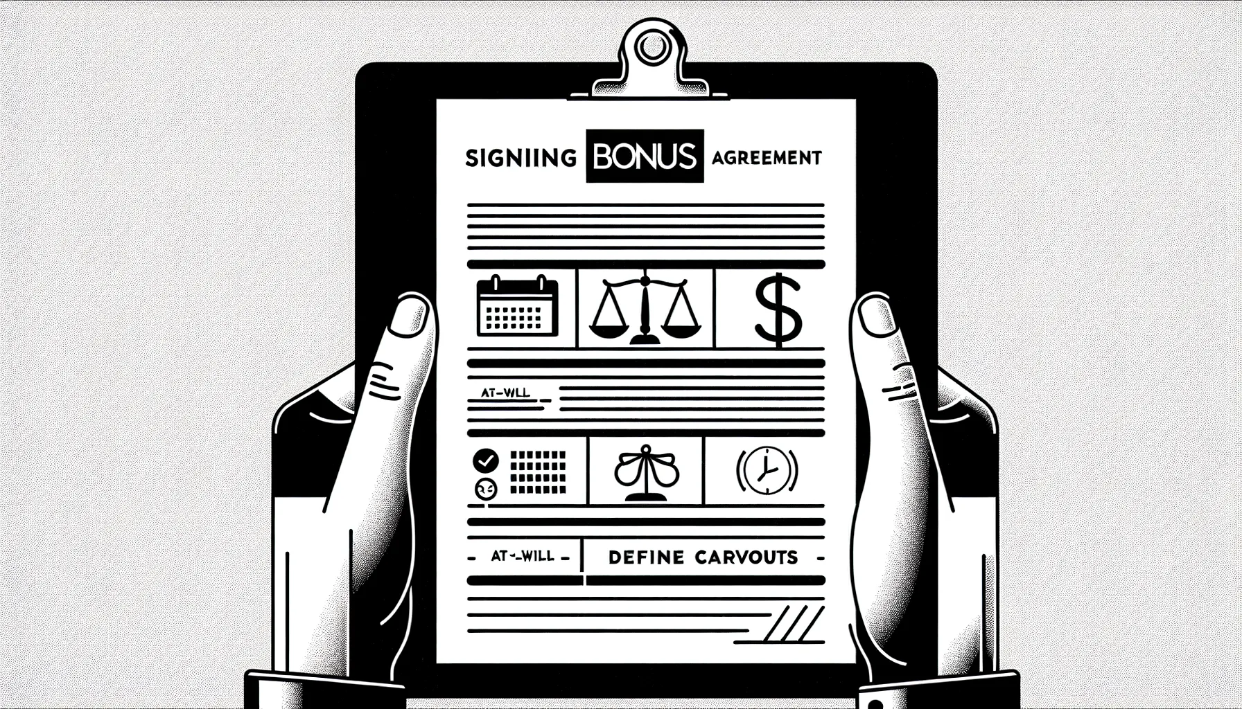 Hand holding a signing bonus contract with clawback, calendar, and US scale icons.