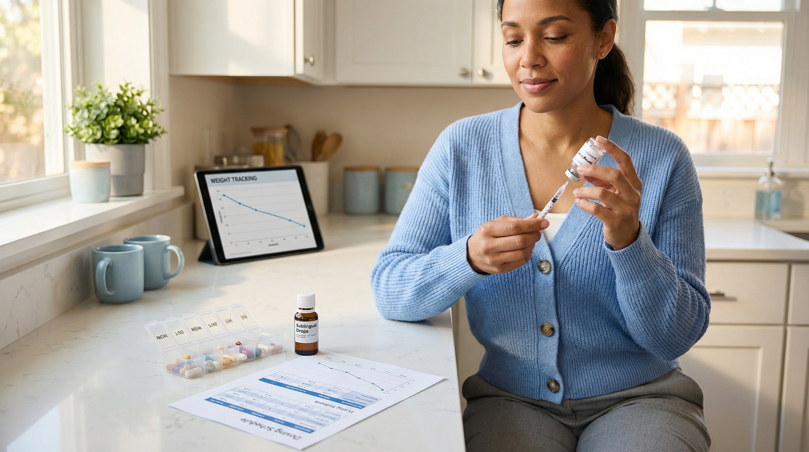 Patient self-administering a compounded semaglutide injection at home with dosing supplies nearby.
