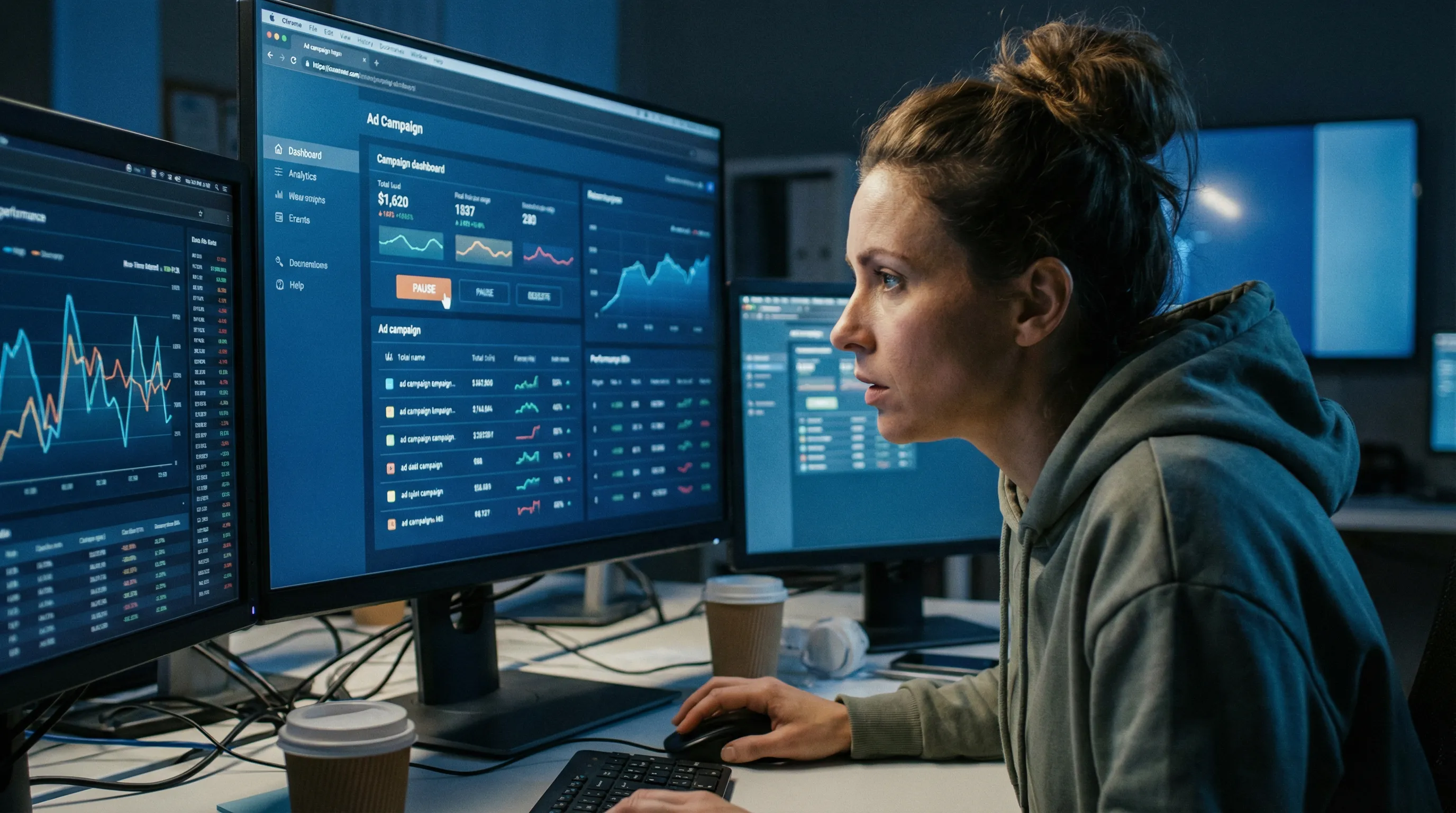 Digital marketer in a dim office rapidly adjusting online ad campaigns on a monitor with real-time performance graphs.
