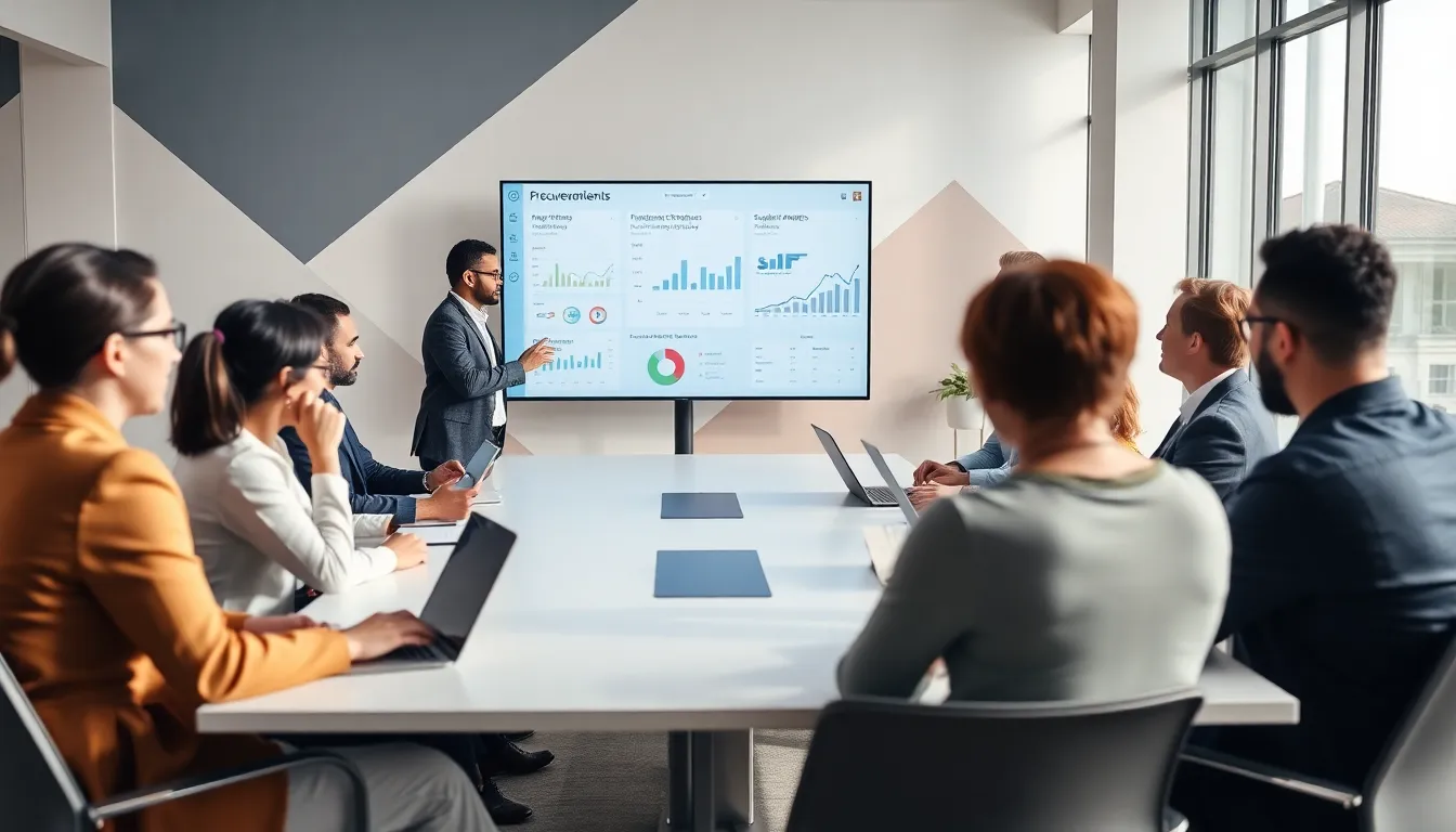 Diverse team discussing procurement technologies in a modern office.