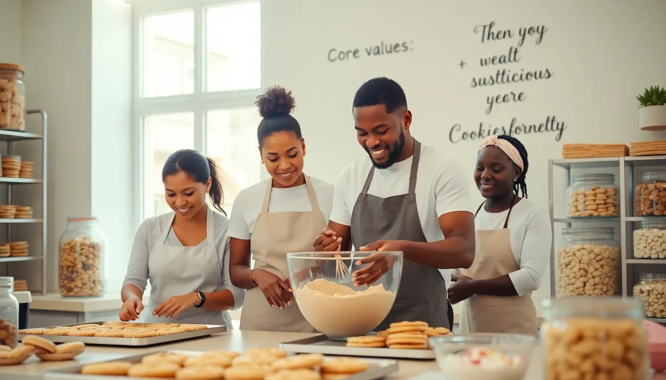 Diverse bakers creating cookies in a warm, inviting bakery.