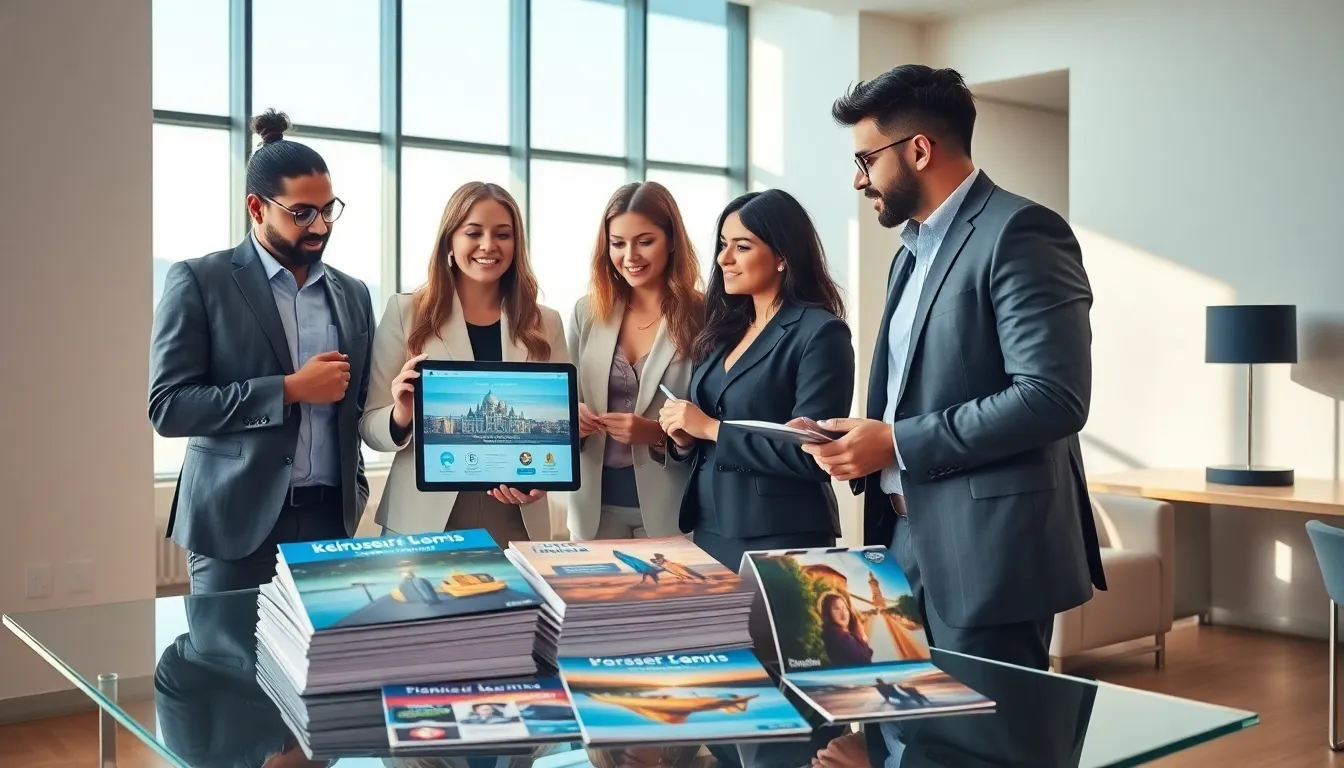 professionals discussing travel offers in a modern office.