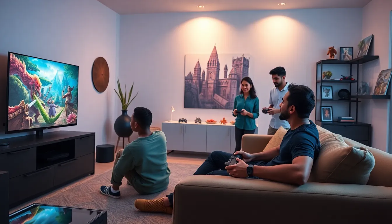 diverse gamers playing World of Warcraft in a modern living room.