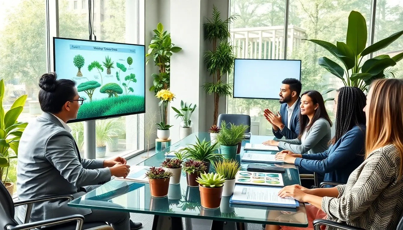 diverse professionals discussing plant conservation in a modern office.
