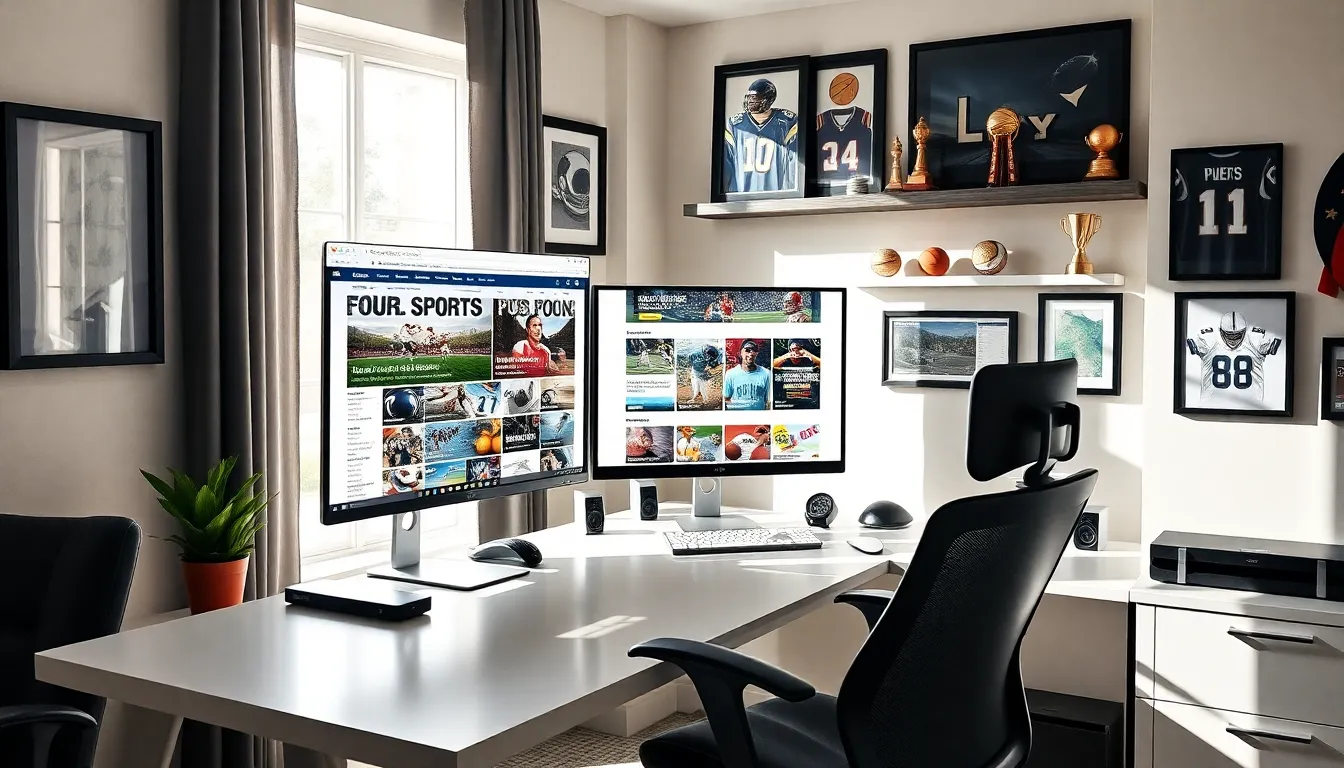 A modern home office featuring a computer displaying sports news from Latestsportsbuzz.com.
