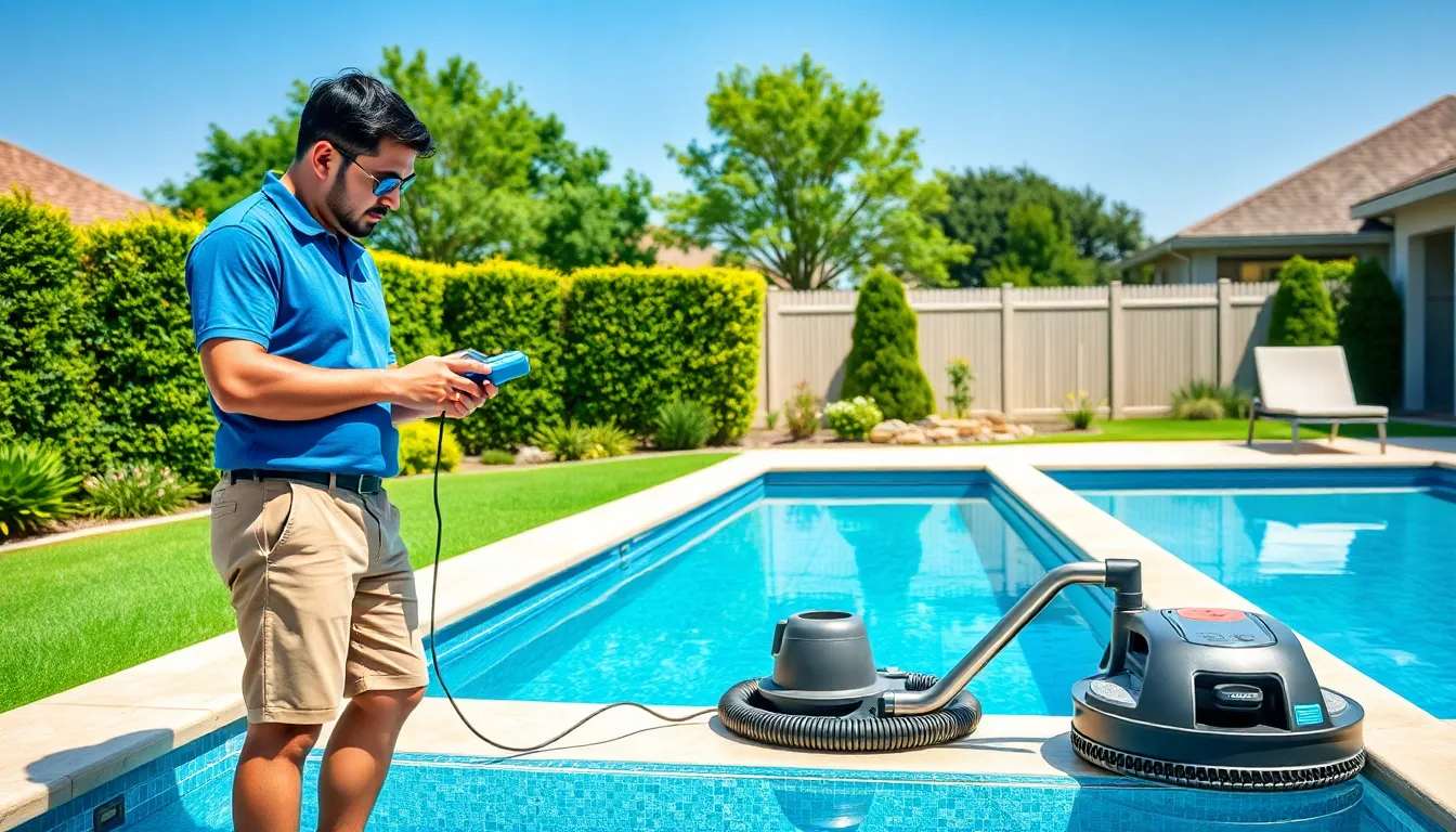 pool maintenance technician checking water quality in a backyard pool.