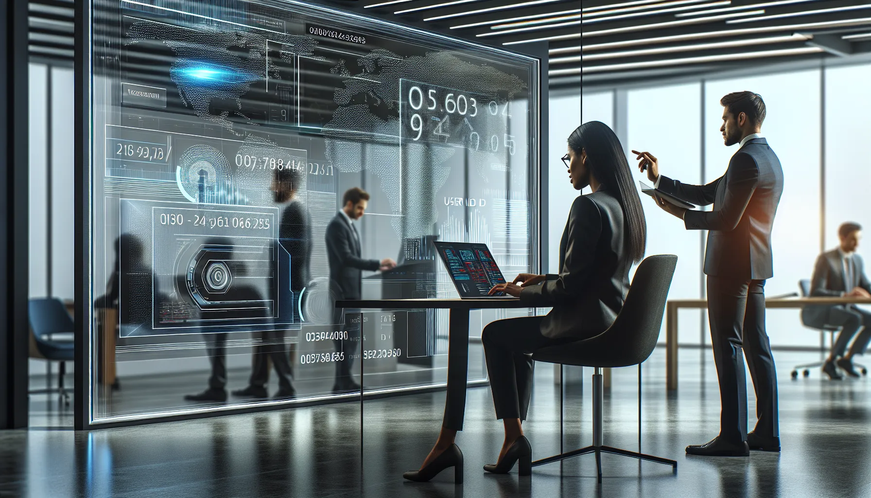 diverse professionals discussing technology and finance in a modern office.