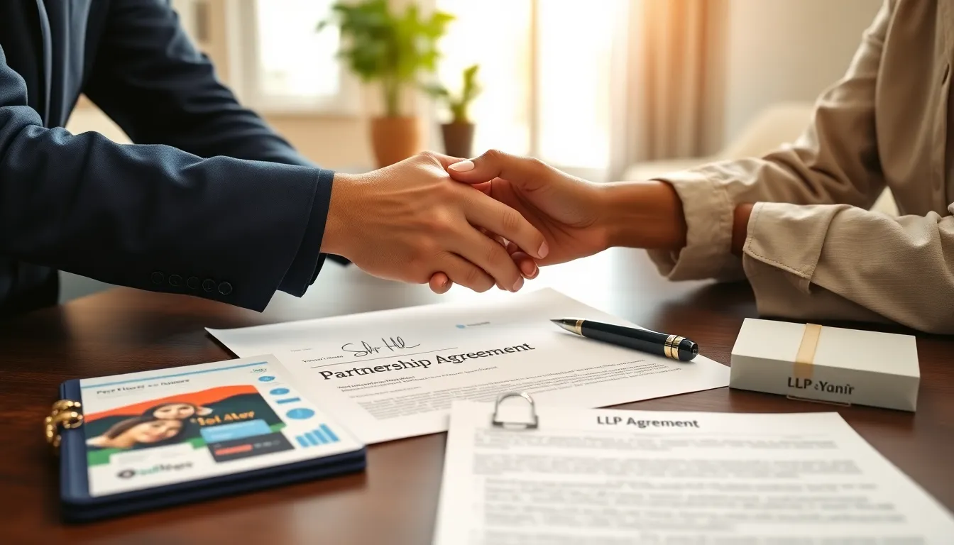 two people shaking hands over a signed partnership agreement on a table
