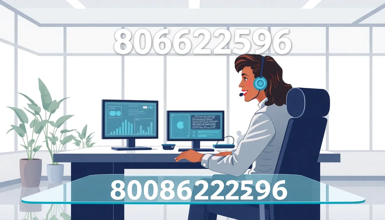 customer service representative at a modern office desk with phone number display.