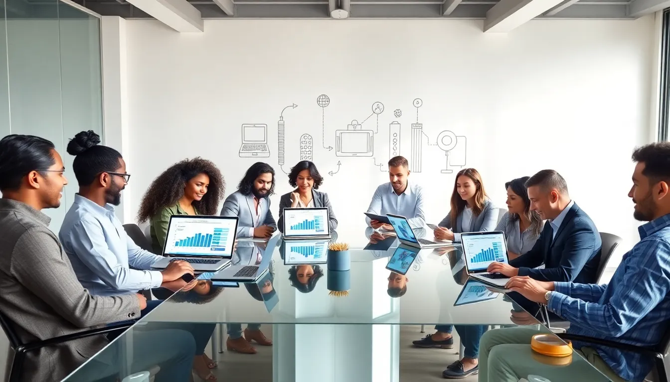 diverse team collaborating on digital marketing strategy in a modern office.