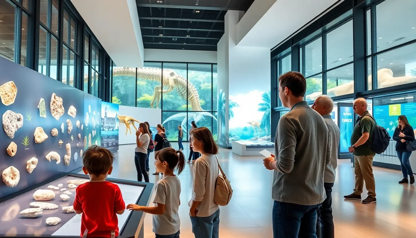 visitors engaging with interactive exhibits in a modern life science museum.