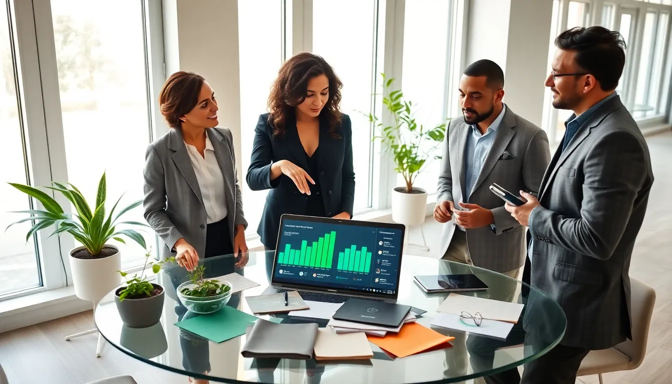 diverse team discussing sustainable fashion technology in a modern office.