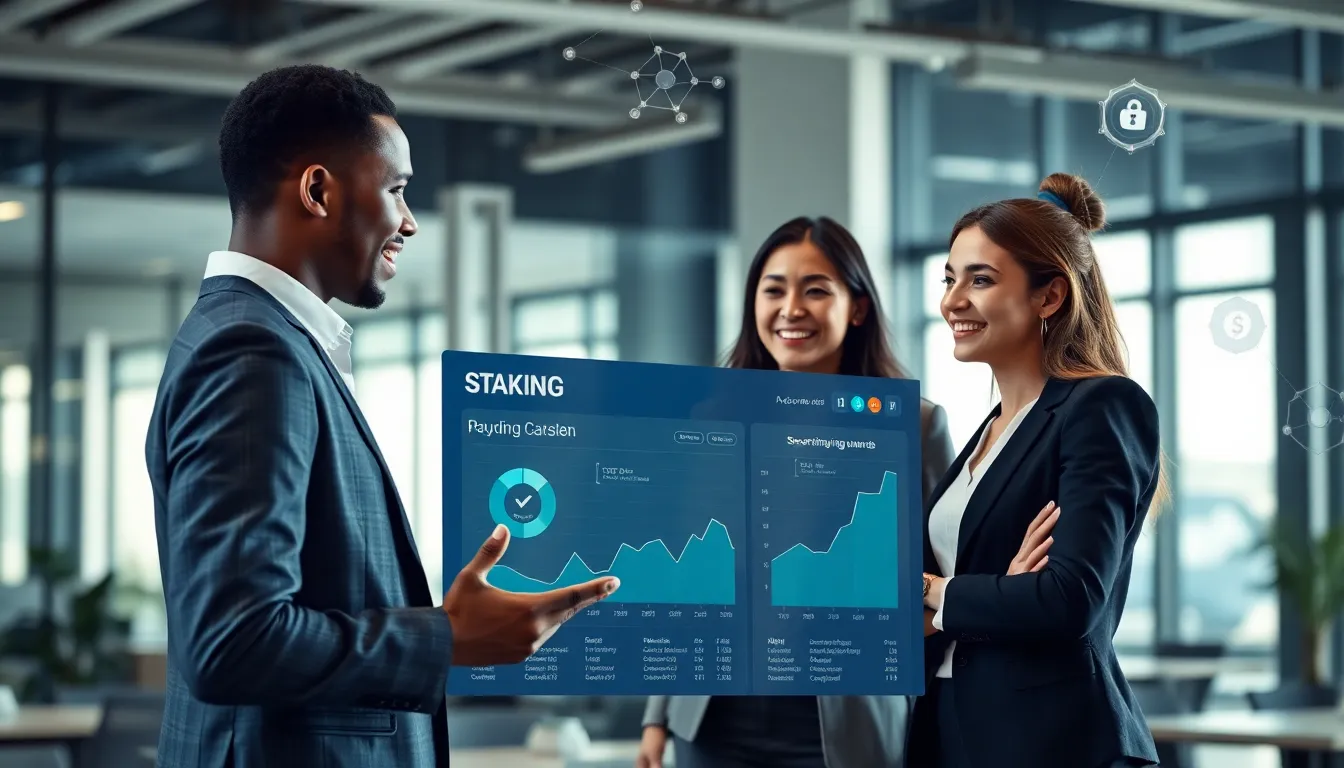 professionals discussing blockchain staking data in a modern office.
