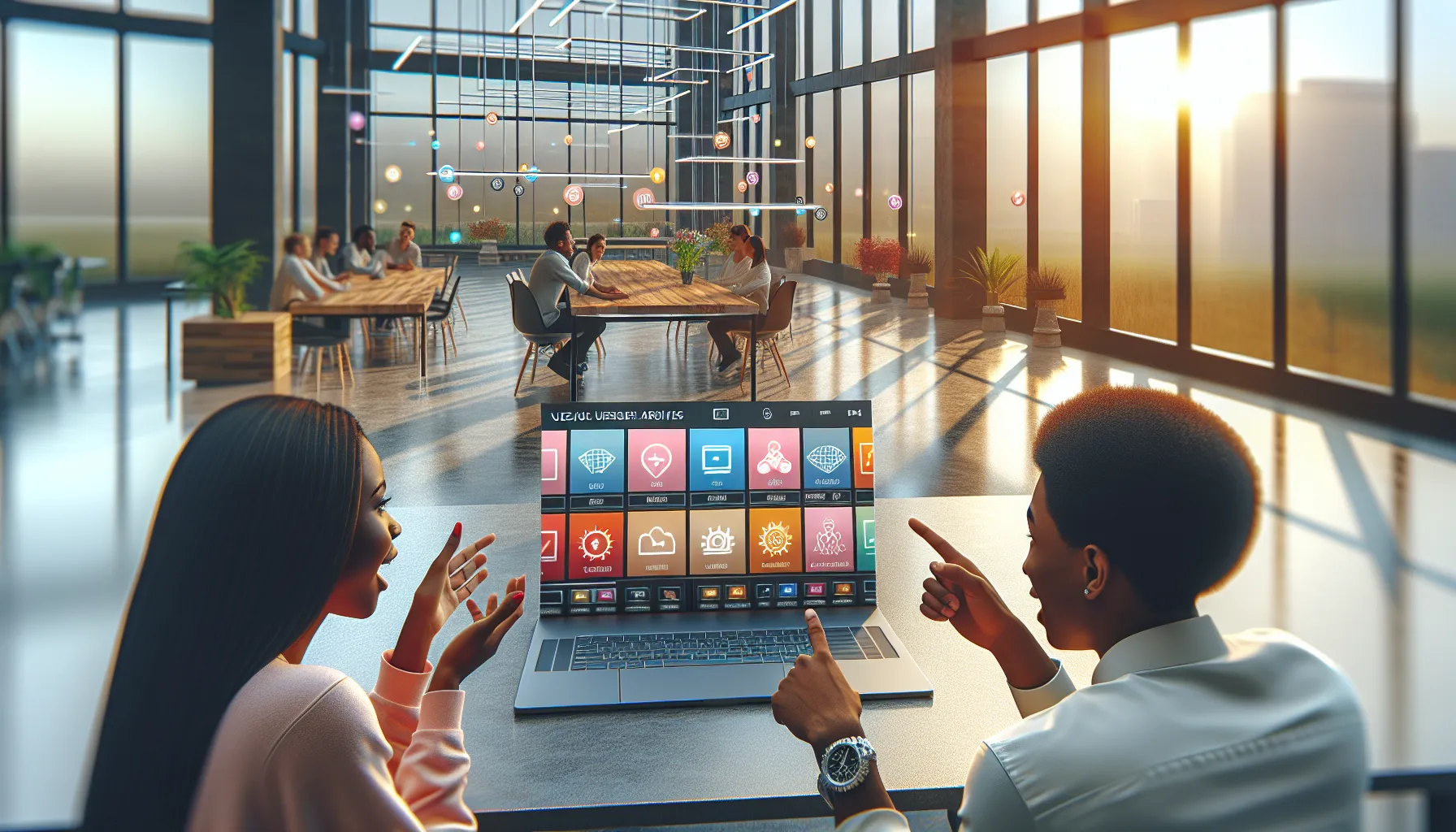 diverse group collaborating around a laptop showing game interface updates.