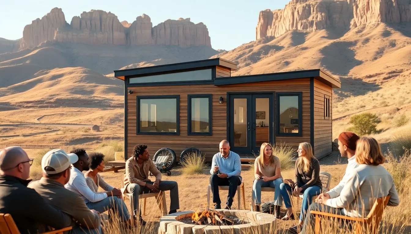 tiny home in Utah's scenic landscape with a diverse group of people.