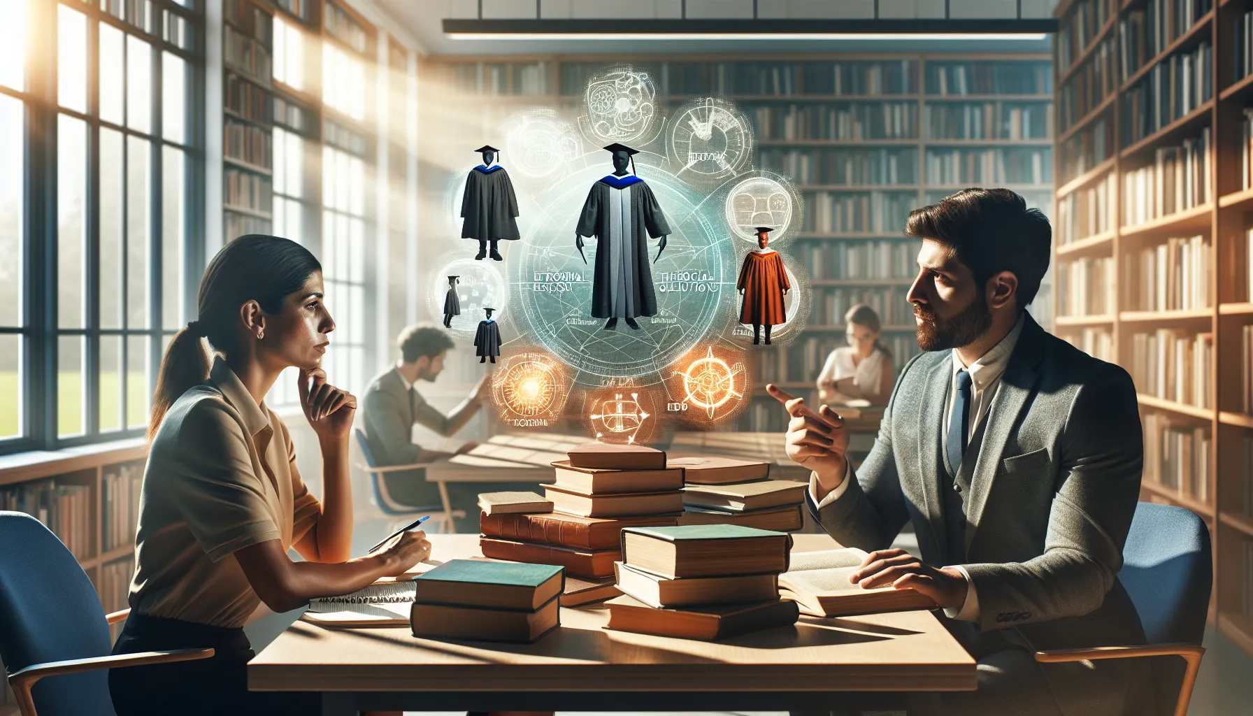 Two academics discuss educational concepts around a table in a modern office.