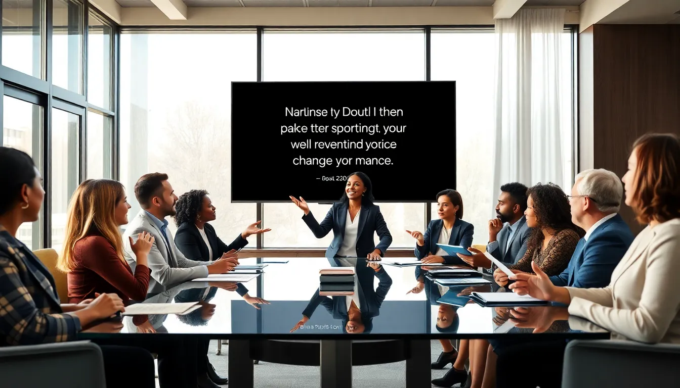 diverse professionals discussing powerful quotes in a modern office.