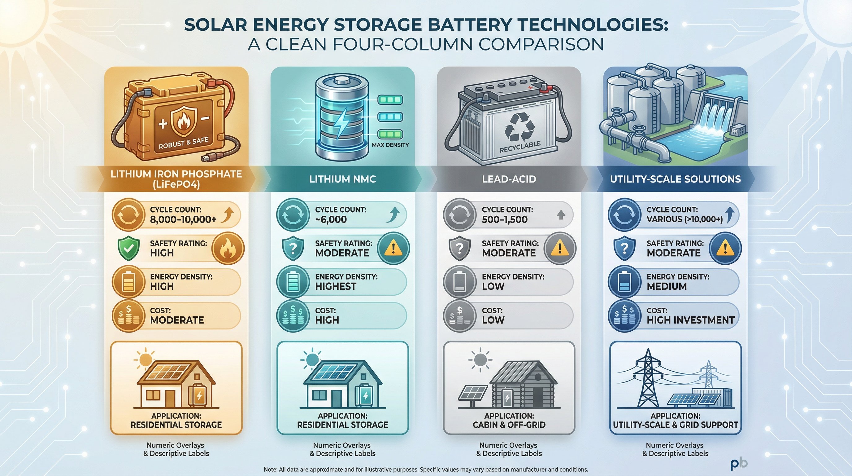 Comparison chart of four solar battery technologies showing cycle life, safety, and applications.