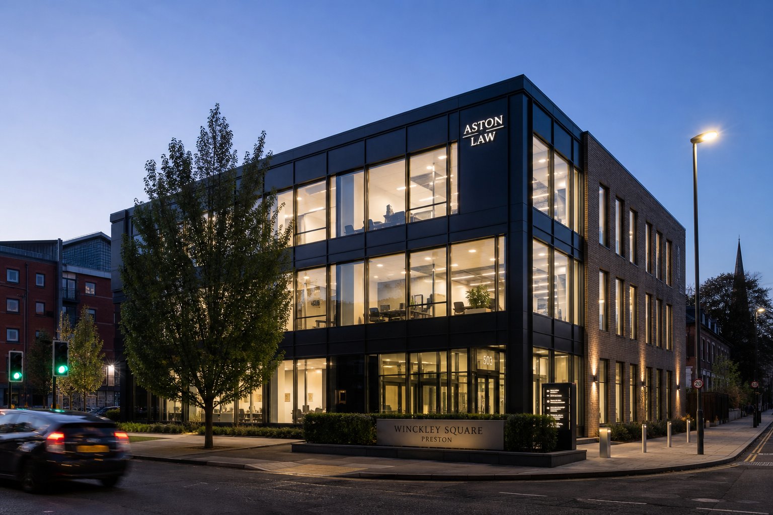 Commercial Mortgage Brokers Preston 15 Commercial property in Preston at dusk with illuminated windows and street activity.