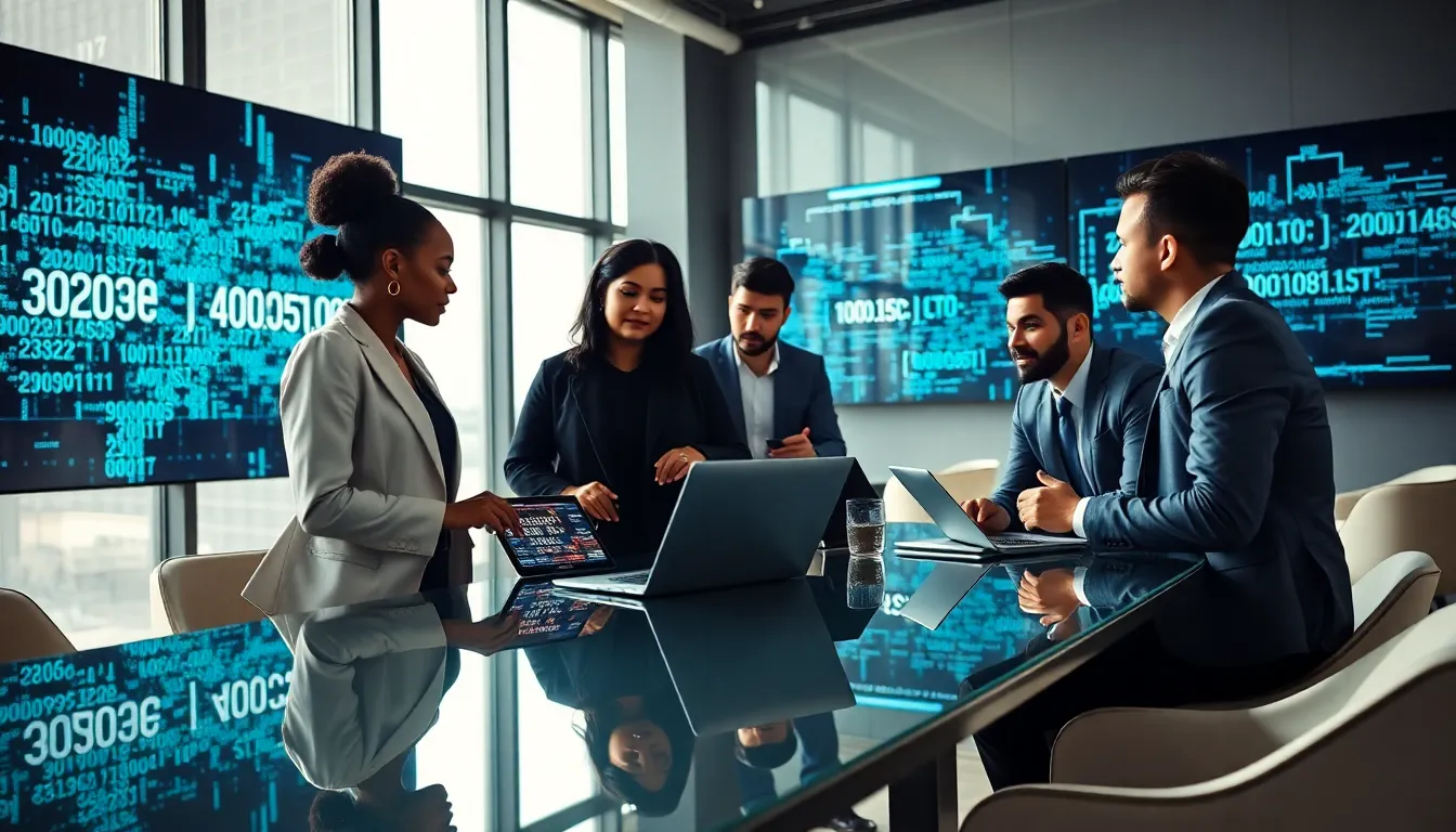 diverse team collaborating in a tech office on digital algorithms.