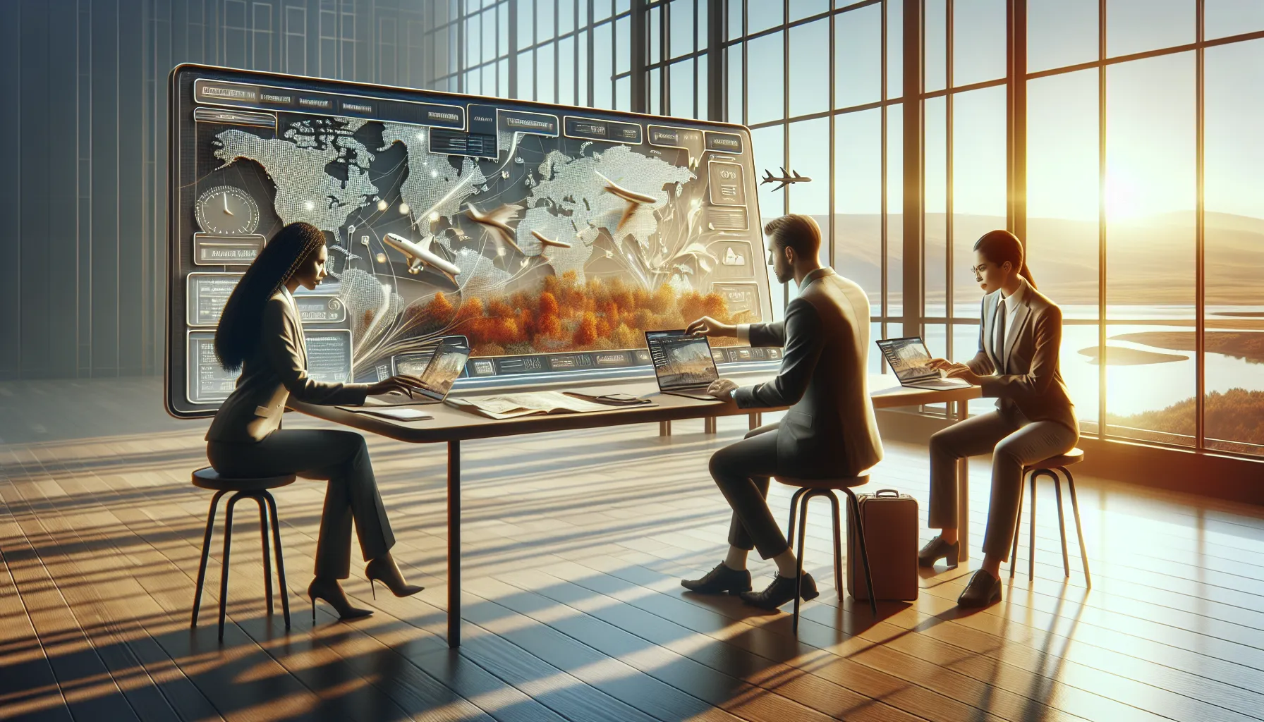 diverse professionals collaborating on travel planning in a modern workspace.