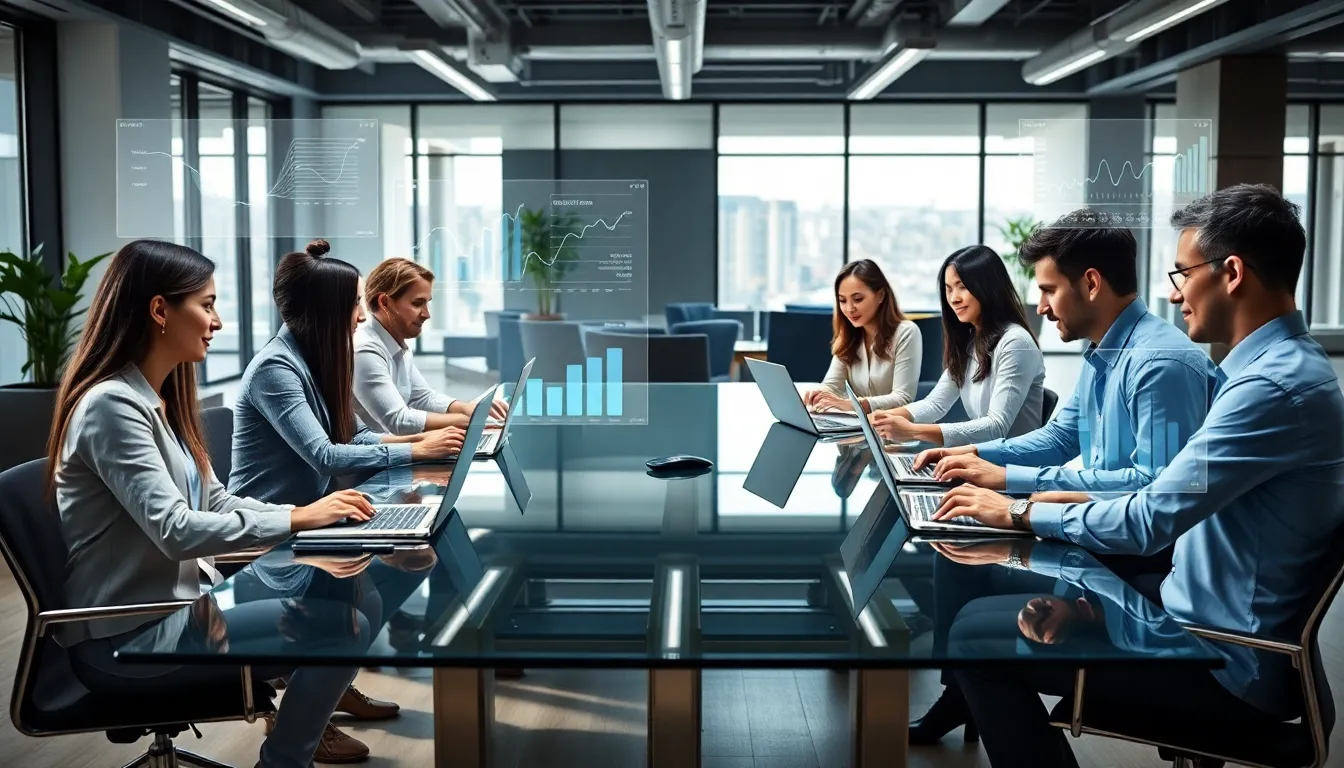 diverse team collaborating in a modern workspace with digital tools.