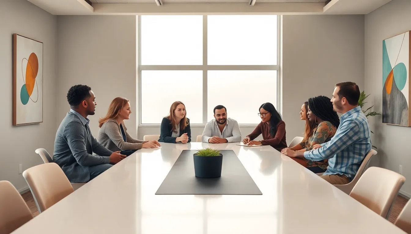 diverse team discussing concepts of harmony in a modern office.