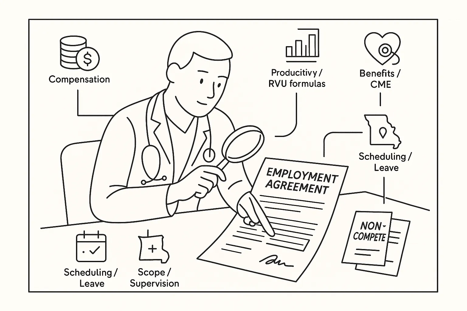 Physician assistant at desk examining an employment contract with legal icons.